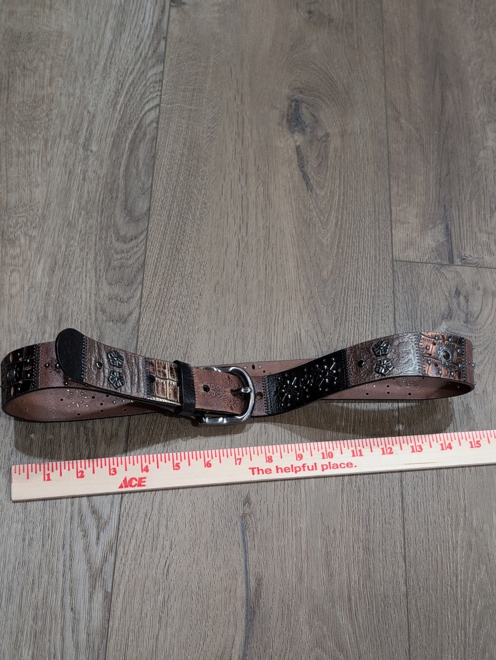 Brown Embossed Leather Belt with Stud Accents